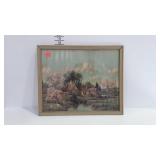 Early country house scene print, framed 22 x 18