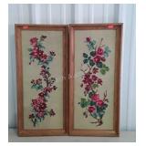 Pair of rose needlework, framed, each is 14 x