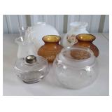 7 Glass lamp shades / globes and 1 oil lamp base -