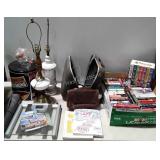 Group - lamps, bowling ball case, Redskins tin,