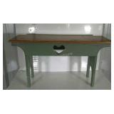 Pine bench with heart cut-out. Natural seat,
