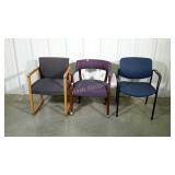 Three office/waiting room chairs. Assorted