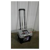 Wheeled file box with extension handle.