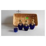 Cobalt blue cologne bottles with basket and