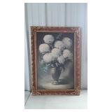 Floral painting print on board in ornate frame,