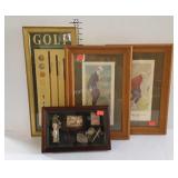 Golf decor, three pictures and a shadow box