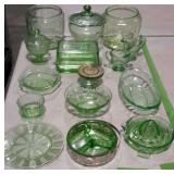 Green depression glass- divided candy dish, juicer