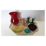 Colored glass group, candleholders, shot glasses,
