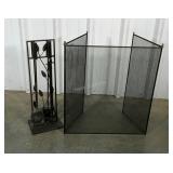 Folding fireplace screen and free stand