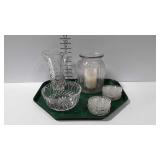 Glassware group, vase, 7" bowl, 10 coasters and