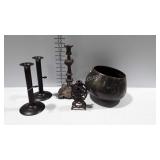 Metalware - candlestick holders, and round bottom