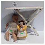 Toys - wooden ironing board, beanbag doll, baby