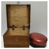 Wooden storage box with a red stool seat