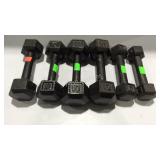 Three sets of dumbbells 5,8,and 10 pounds