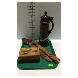 Wooden decor utensils, Asian puzzle box, and a
