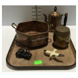 Copper coffee pot & planter, iron bird figure,