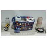Group lot of misc garage items, laundry basket,