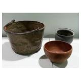 Brass kettle, copper planter and wood decor bowl,