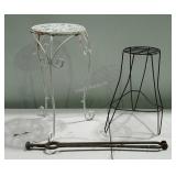 Fire place tongs and two plant stands, one plant