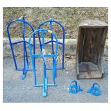 Three metal saddle racks, one home made saddle