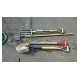 Long handled tools lot, two pitch forks, garden
