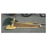 Long handled tools, includes broom, rake, and