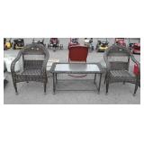 Three pc wicker patio set includes glass top