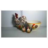 Rooster figure, shakers, and 10-1/2" bowl,