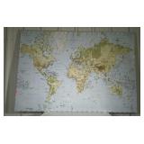 World map on fabric with pins. Aluminum frame.