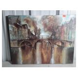 Stretched canvas print, European bridge scene, 28