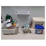 Group lot of cleaning supplies with trash can,
