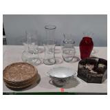 Group lot of glass vases, basket trays, and