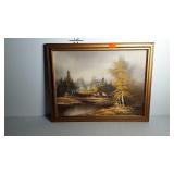 Cabin scene oil painting on canvas, framed 18 x