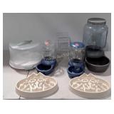 Animal lot, dog food bowls, water bowls, cake