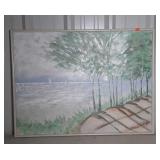 Oil painting on canvas, shoreline scene, framed