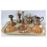 Tray lot with plated candle sticks, sugar and