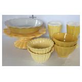 Yellow dishware, cake stand (chip), Pie plate,