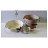 Enamelware - red & white sauce pot, beige & black