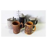 5 Beer steins - yellow ware, glass, ceramic, etc