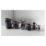 Blue glazed pottery steins & pitchers, some German
