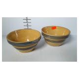 2 Yellow Ware mixing bowls with blue stripes -