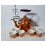 Copper tea set, teapot with wood and brass handle