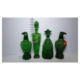 Vintage green glass decanters, four