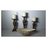 Decor center bowl, & trio of pillar candle holders