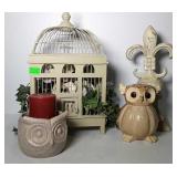 Home decor- bird cage with floral arrangement, owl
