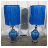 Pair of Table Lamps, mid century style Blue Glass