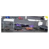 Large group lot, includes metal saw horses, skis,