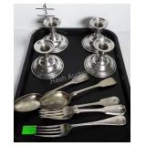 Metal ware- 4 pewter candlestick holders, and misc