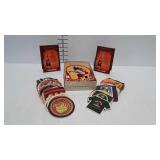 Advertisement coasters, patch, labels, and table
