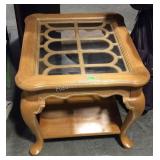 End table, Queen Anne footed oak finish with glass
